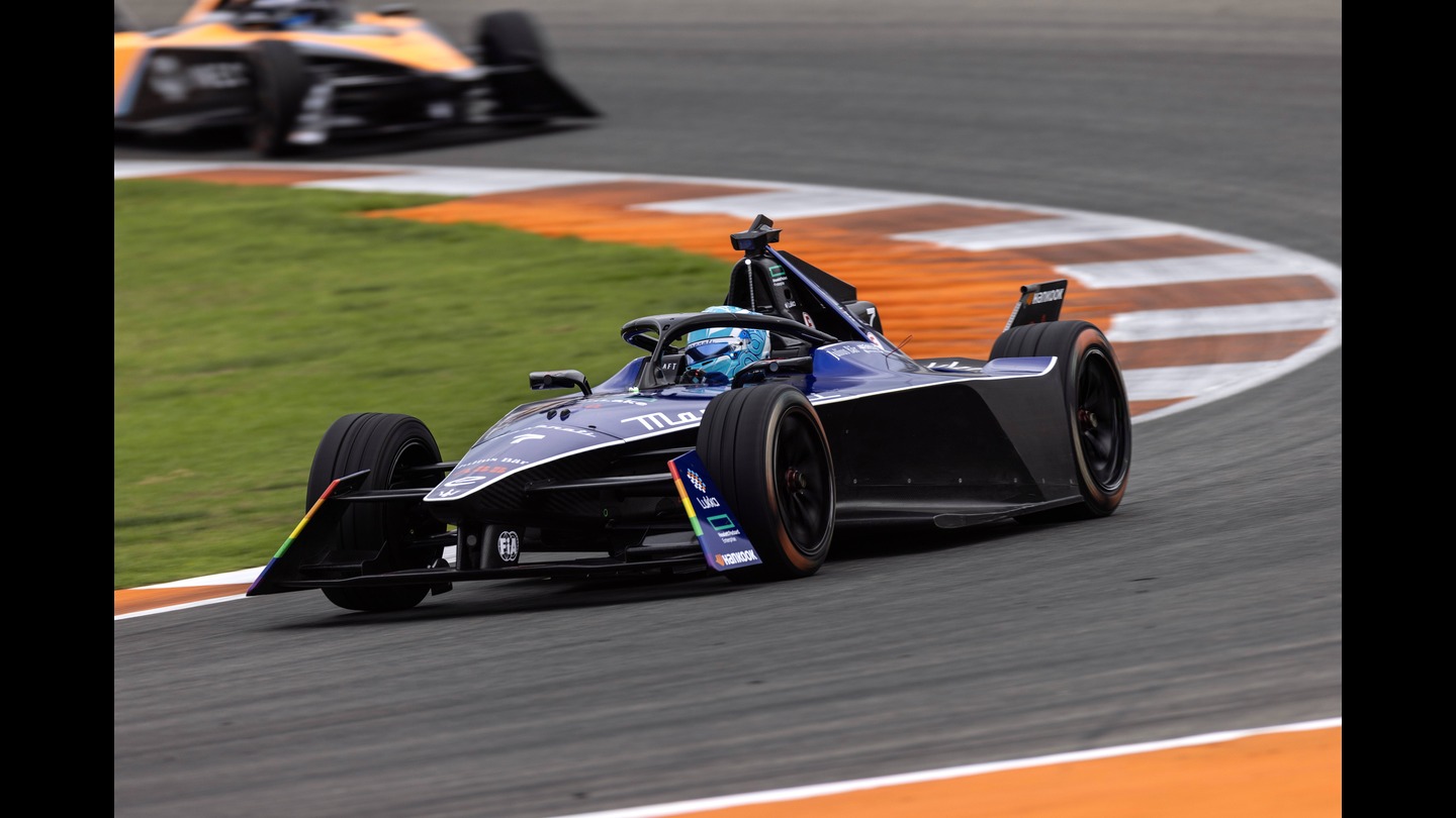 Dynamic: A Formula E car with forward-facing and driver-facing cameras visible